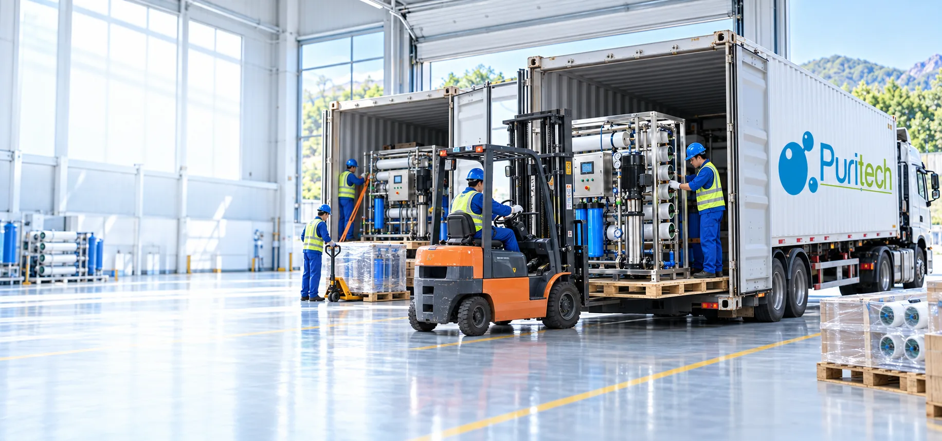 Chinese factory team loading reverse osmosis plants into Puritech-branded twenty-foot shipping containers